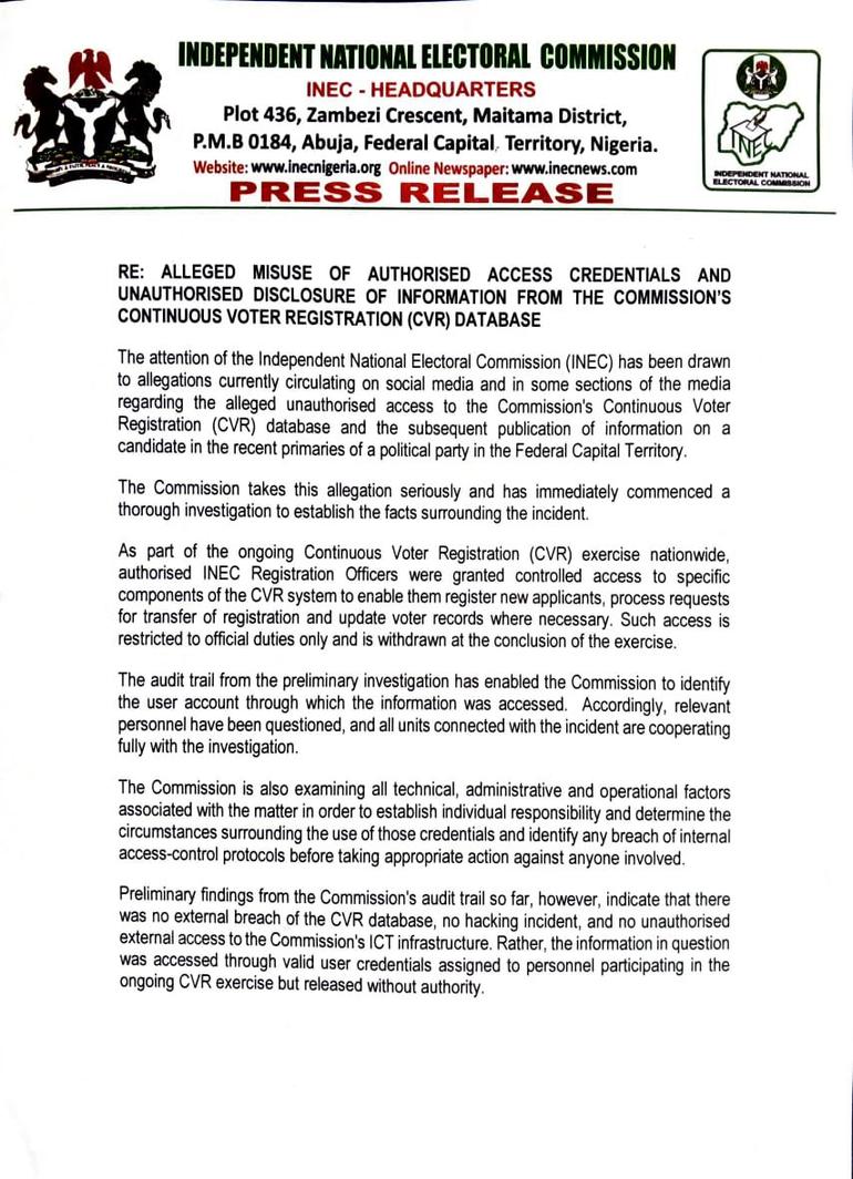 The Independent National Electoral Commission (INEC) stated that its infrastructure was not compromised by external hackers