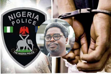 Nigeria Police Force logo alongside a person in handcuffs and a circular inset photo of Lere Olayinka, media aide to FCT Minister Nyesom Wike, relating to the INEC voter data leak investigation.