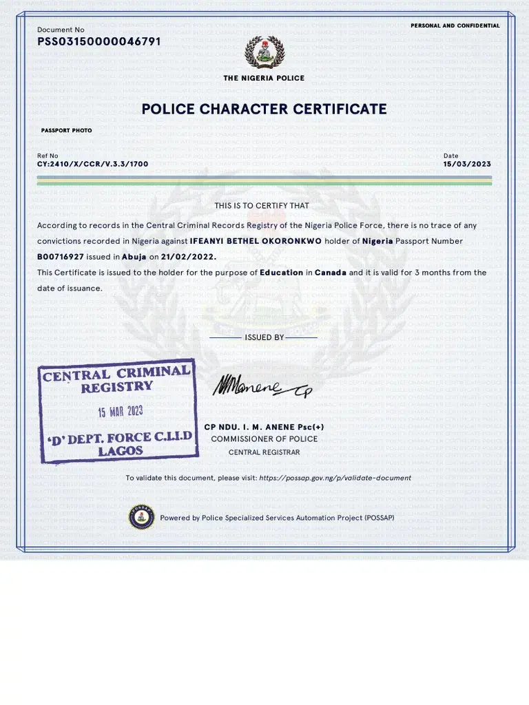 An authentic sample of the modern, electronic Police Clearance Certificate generated via the NPF POSSAP portal, featuring a QR validation code and digital registrar stamp.