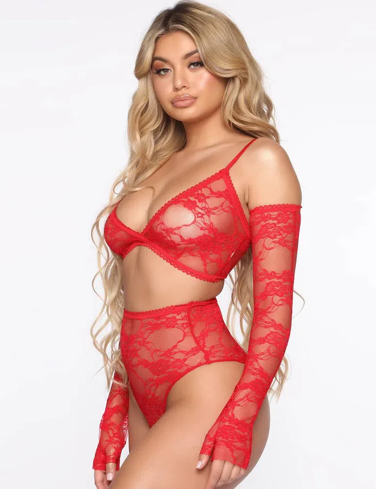 See-Through Sexy Women’s Full Lace High Stretch Bra Panty Set with Sleeves