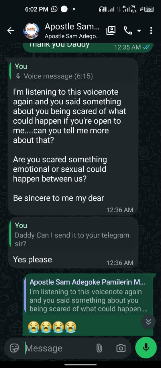 Screenshots of a conversation between Adegoke and a woman who appeared to be a member of his congregation. Image credit: @themacbelo. Source: X