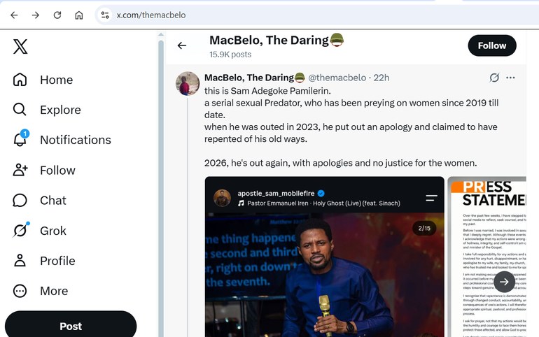 Screenshots of a tweet about Adegoke being a seasoned predator. Image credit: @themacbelo. Source: X