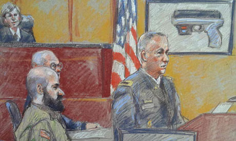 A drawing of Nidal Hasan in court