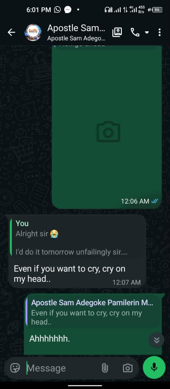 Screenshots of a conversation between Adegoke and a woman who appeared to be a member of his congregation. Image credit: @themacbelo. Source: X