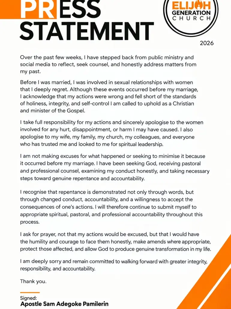 A press statement of Apostle Sam Adegoke Pamilerin's apology Image credit: @mobile_fire. Source: Instagram
