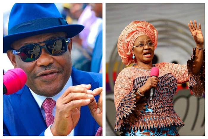 A split photo of FCT Minister Nyesom Wike in a blue hat and Pastor Sarah Omakwu preaching, representing the Jabi Lake land dispute.