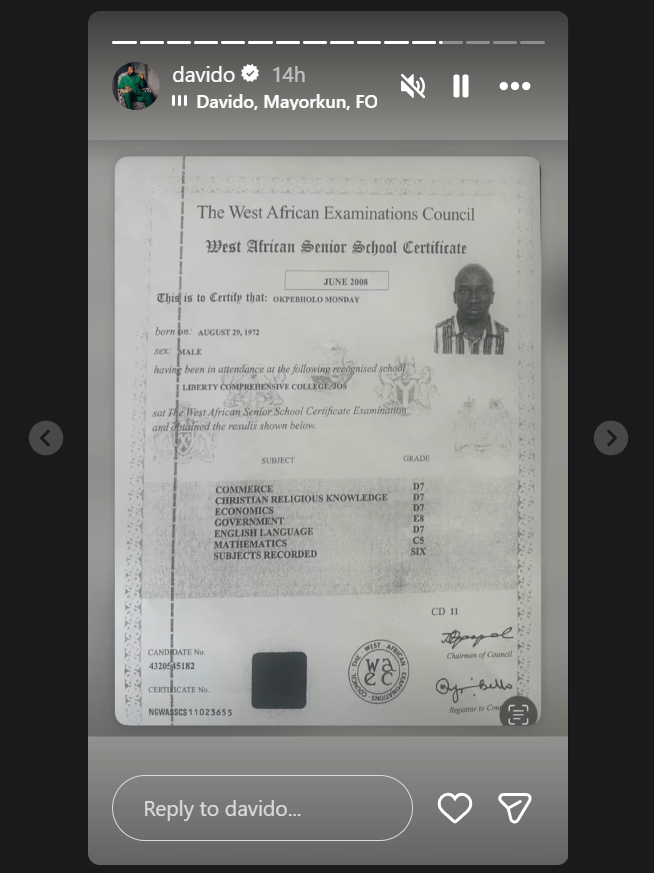 Screenshot of Davido's Instagram Story displaying a West African Senior School Certificate (WAEC) belonging to Okpebholo Monday showing several low grades.