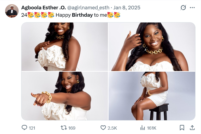 Screenshot of Esther Agboola's 24th birthday post on X displaying a four-photo collage in a white dress.