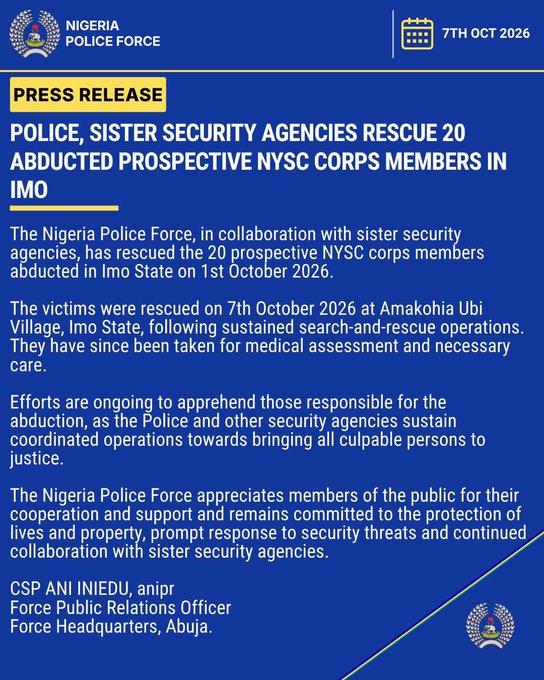 The official report published by the Nigeria Police Force on X on the release of the abducted corp members