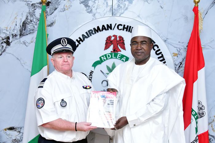 The NDLEA Chairman, retired, Brig. Gen. Buba Marwa with the French Police Attaché in Nigeria, Mr. Phillipe Crespo at the NDLEA headquarters, Abuja