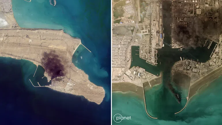 NASA FIRMS satellite imagery showing active fire hotspots and thermal anomalies at Iranian military sites in Bandar Abbas and Qeshm Island following U.S. strikes.