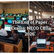 Nigerian students taking a computer-based exam at an accredited NECO CBT center.