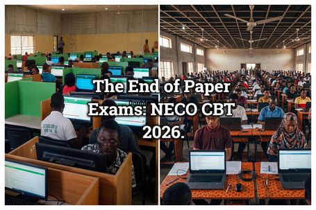 Nigerian students taking a computer-based exam at an accredited NECO CBT center.