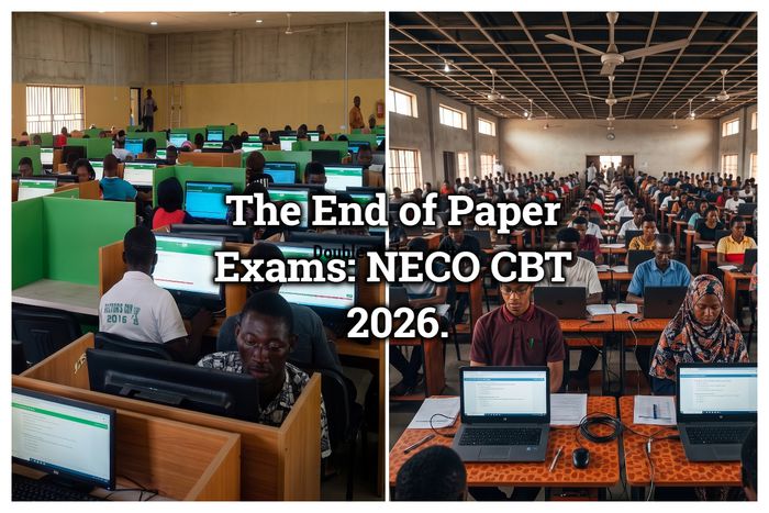 Nigerian students taking a computer-based exam at an accredited NECO CBT center.
