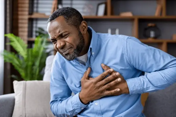A middle-aged Black man in a blue shirt clutching his chest in severe physical pain while sitting on a living room couch.