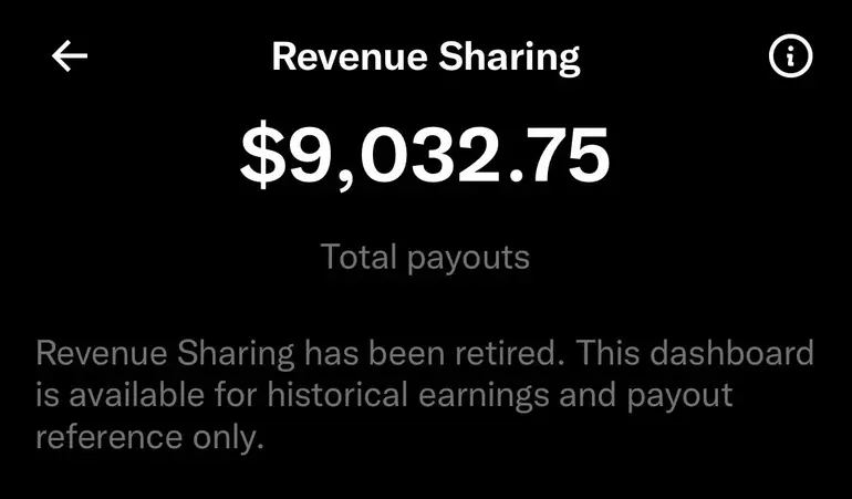 X Revenue Sharing dashboard showing total creator payouts
