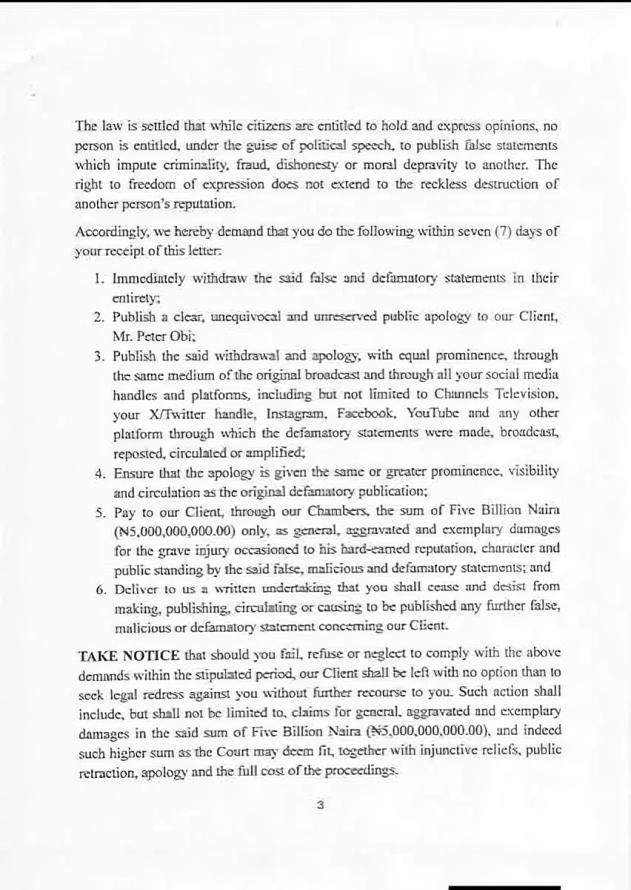 Page 3 of full 3-page legal notice demanding ₦5B from Kenneth Okonkwo