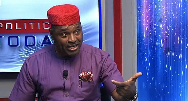 Nollywood actor and politician Kenneth Okonkwo speaking passionately during a live studio interview on Channels Television's Politics Today.