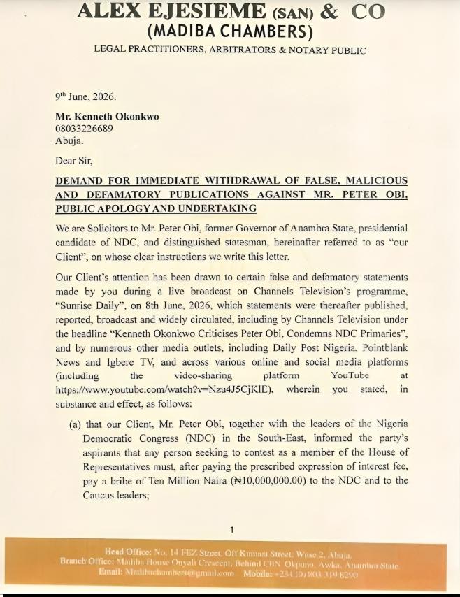 Page 1 of full 3-page legal notice demanding ₦5B from Kenneth Okonkwo