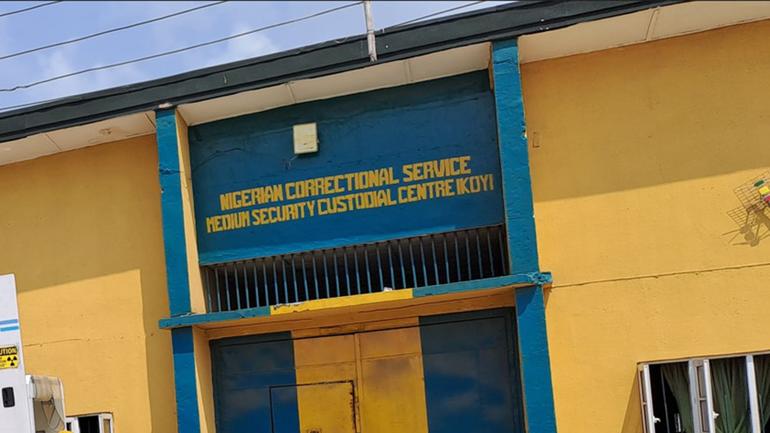 Exterior sign and entrance of the Nigerian Correctional Service Medium Security Custodial Centre in Ikoyi, Lagos.