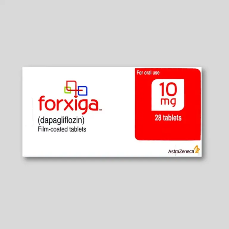 White and red box of genuine Forxiga 10 mg film-coated tablets manufactured by AstraZeneca, containing 28 tablets.