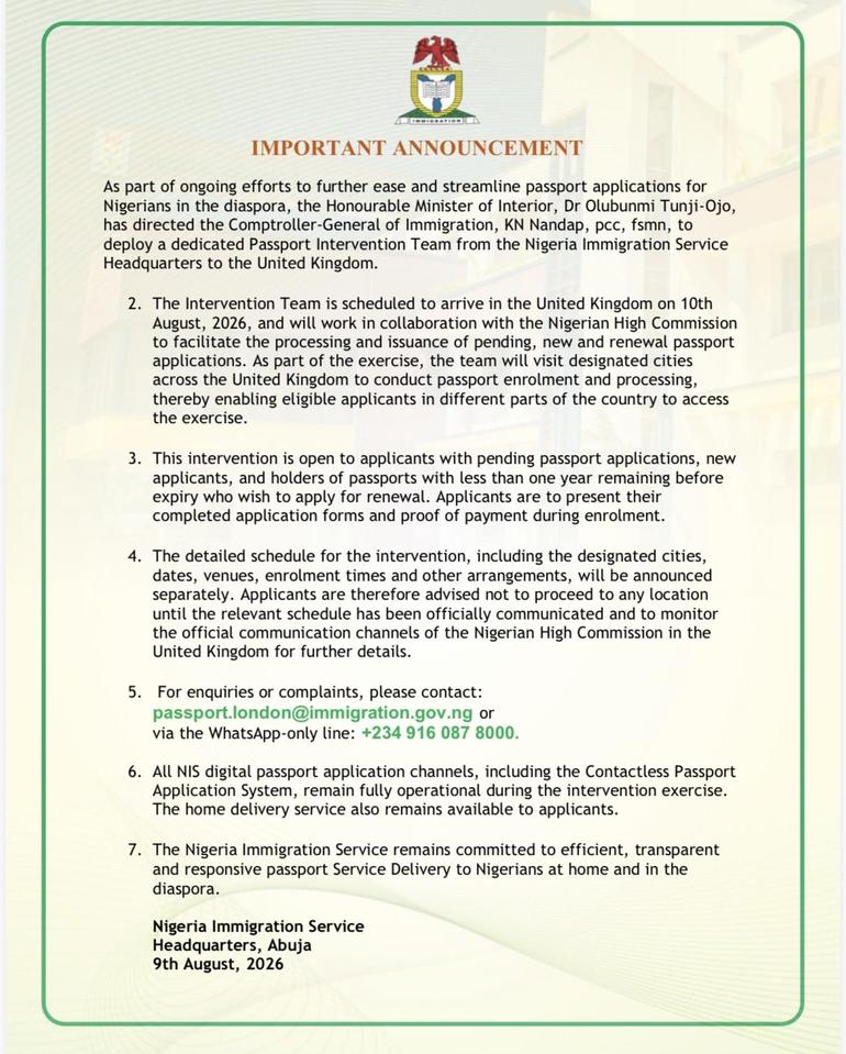 Official statement from the Nigeria Immigration Service outlining eligibility and details for the UK passport exercise.