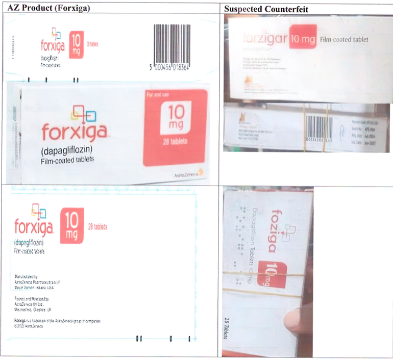 Side-by-side packaging comparison showing authentic AstraZeneca Forxiga on the left and counterfeit versions named Forzigar and Foziga on the right.