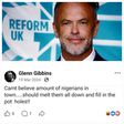 Screenshot of a racist Facebook post by Reform UK politician Glenn Gibbins suggesting Nigerians should be melted down to fill potholes.