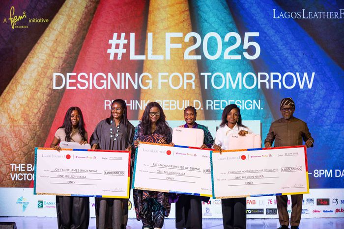 Femi Olayebi, Convener LLF 2025 with Wema Bank, representatives Ayodele Olojede and Tunde Mabawonku, presenting cheques of ₦1,000,000 each to three standout leatherpreneurs at LLF 2025.