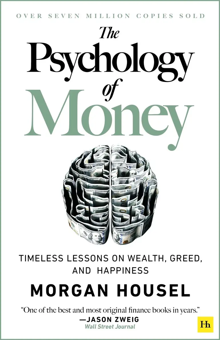 Front cover of the book The Psychology of Money by Morgan Housel shows a brain made of dollar bills.