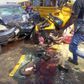 The relics of the Toyota Matrix car and Bajaj Tricycle that collided along the Lagos-Badagry Expressway on Saturday