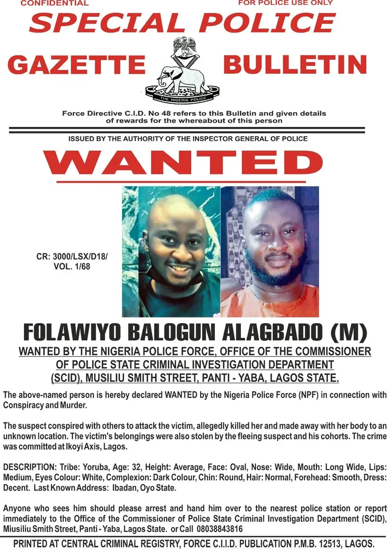 Official Nigeria Police Force wanted poster for Folawiyo Balogun Alagbado in connection with an alleged Ikoyi murder.