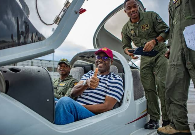Oyo State Governor Seyi Makinde inspects one of the two newly acquired surveillance aircraft following its arrival at the Ibadan airport in July 2026.