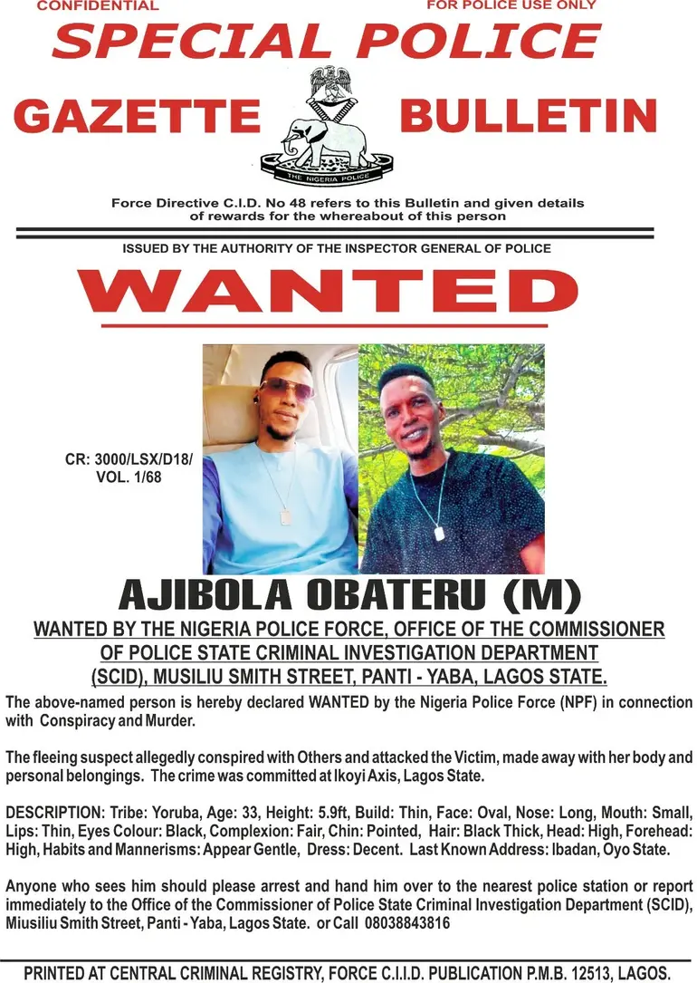 Official Nigeria Police Force wanted poster for Ajibola Obateru in connection with an alleged Ikoyi murder.