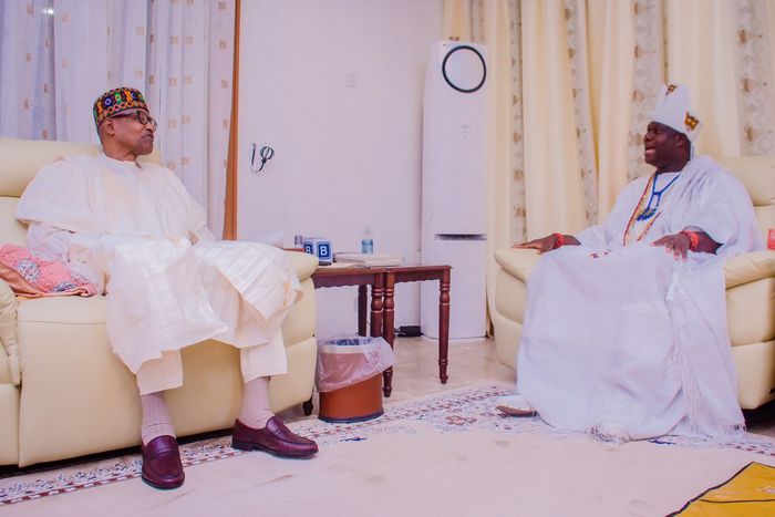 The Ooni of Ife, Oba Adeyeye Ogunwusi and Muhammadu Buhari during the visit