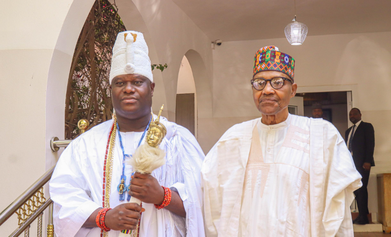 The Ooni of Ife, Oba Adeyeye Ogunwusi and Muhammadu Buhari during the visit