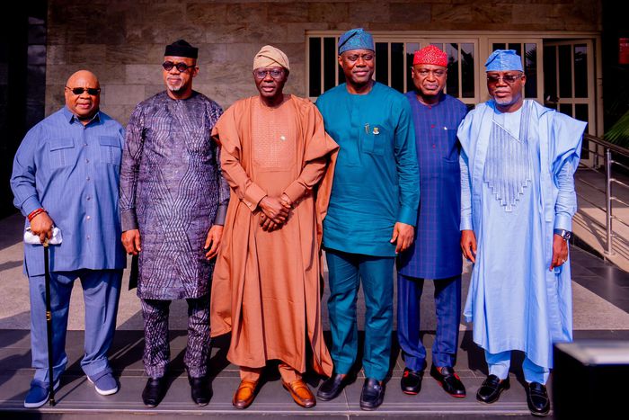 Governors Seyi Makinde of Oyo State, Lucky Aiyedatiwa of Ondo State, Biodun Oyebaniji of Ekiti, Dapo Abiodun of Ogun, Ademola Adeleke of Osun and Babajide Sanwo-Olu of Lagos State.