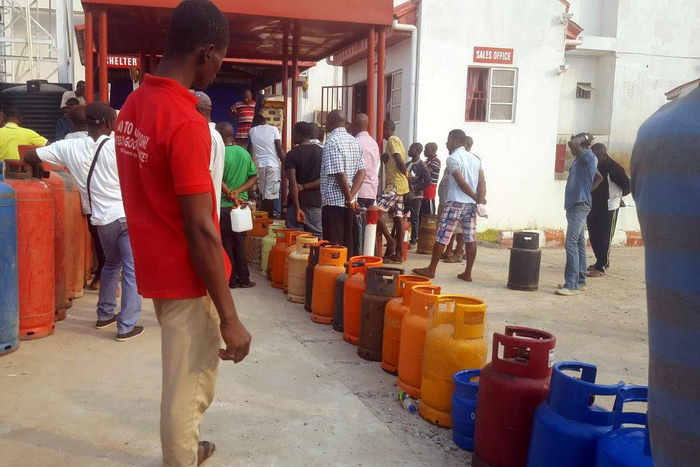 Cooking gas cylinders at a Lagos depot during supply shortage