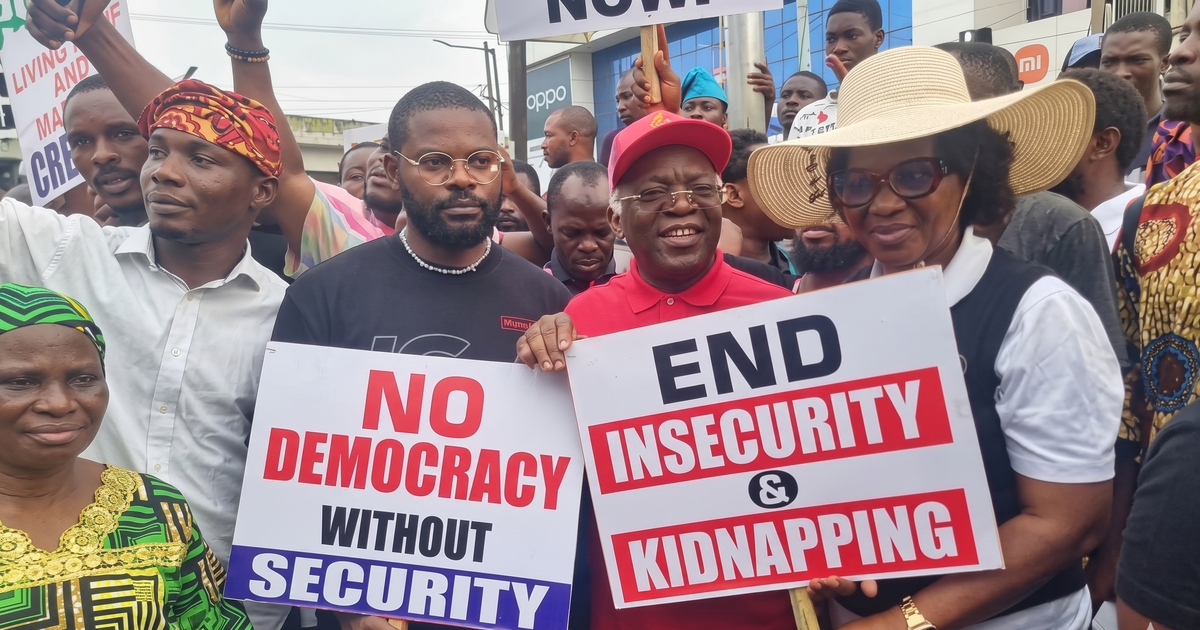 June 12 shutdown: ‘We no go tire’ — Falana, wife and Falz lead Lagos protest over insecurity