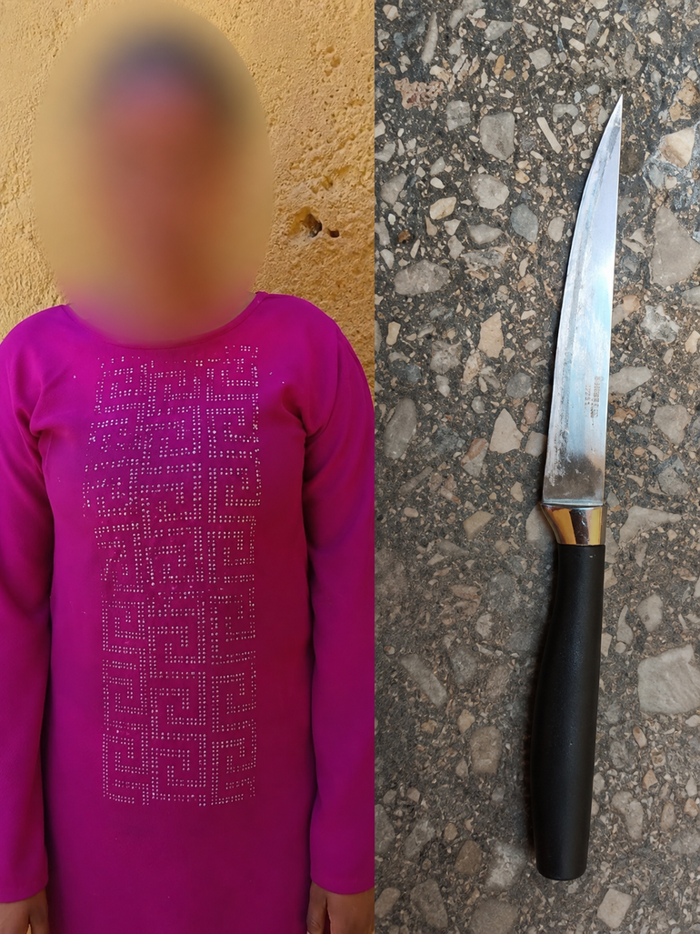 The woman arrested over the alleged Kano attack and a knife reportedly recovered by police. Photo BBC News Pidgin