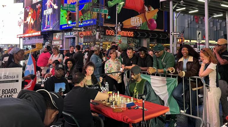 Nigerian chess advocate and American player Shawn Martinez played chess continuously in New York's Times Square.