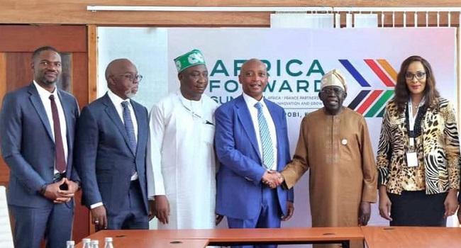 President Bola Ahmed Tinubu, CAF President Patrice Motsepe, Ibrahim Gusau, and Bianca Odumegwu-Ojukwu at the Africa Forward Summit in Nairobi.