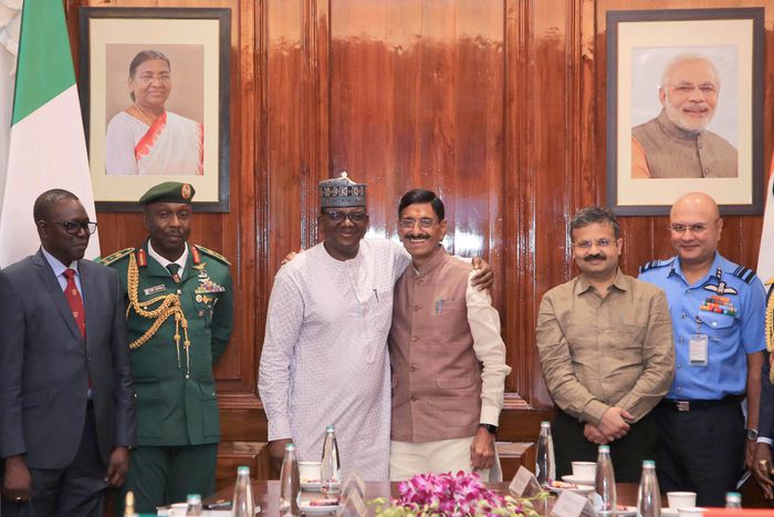 Nigeria’s Minister of State for Defence, Dr. Bello Mohammed Matawalle and his Indian counterpart, Raksha Rajya Mantri.