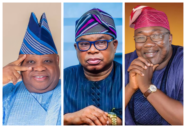 Side-by-side collage of 2026 Osun governorship candidates Ademola Adeleke, Bola Oyebamiji, and Najeem Salaam.