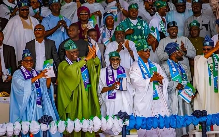 Seyi Makinde and Lawal Musa Daura celebrate with party leaders during the APM Elective National Convention in Bauchi State.
