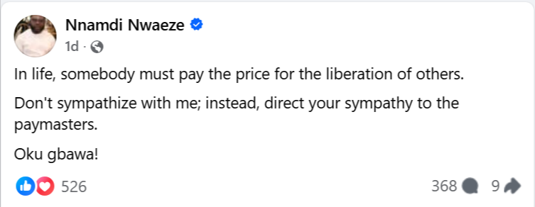 Screenshot of Professor Nnamdi Nwaeze's Facebook urging his followers not to sympathise with him.