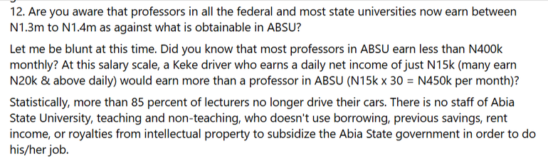 Screenshot of Professor Nnamdi Nwaeze's Facebook comparing a keke rider's monthly income to that of an ABSU lecturer'