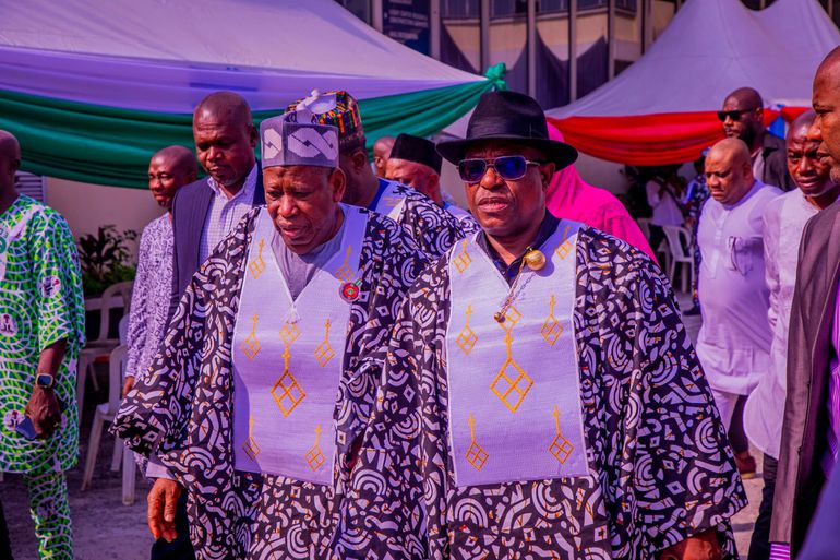 APC National Chairman, Abdullahi Ganduje during the inauguration of Tony Okocha and other Rivers State executive members.