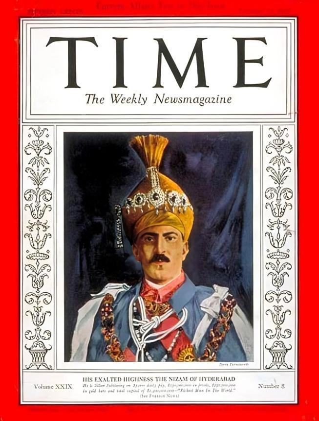 A vintage 1937 TIME magazine cover featuring a portrait illustration of Mir Osman Ali Khan, the Nizam of Hyderabad, in traditional royal attire.