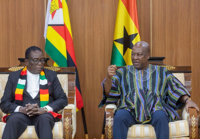 Zimbabwean President Emmerson Mnangagwa (left) along with Ghana President John Dramani Mahama (right)